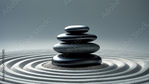 Obraz na płótnie Zen garden backdrop featuring a stack of black stones on sand. w salonie