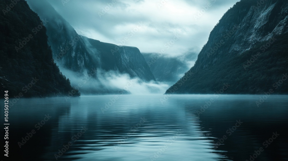 Naklejka premium Misty Fjord Landscape With Dark Blue Water And Mountains