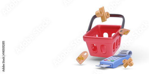 Shopping Basket With Discount Tags And Card Payment Terminal In 3D Cartoon Style. Ideal For E-Commerce, Sales, And Online Retail Concepts. Vector Illustration.