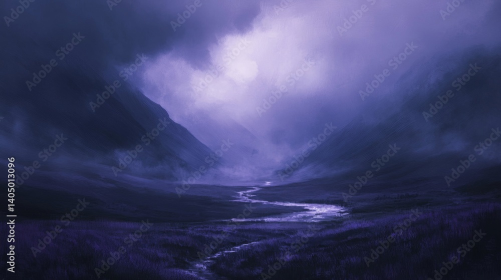 Fototapeta premium Purple Twilight Mountain Valley Landscape with Fog