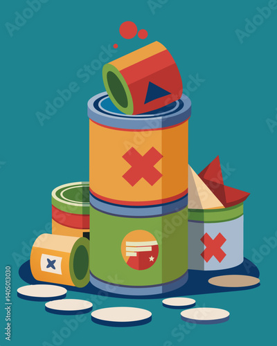 A stack of unod untouched cans of food thrown out due to expiration dates and excess inventory.. Vector illustration
