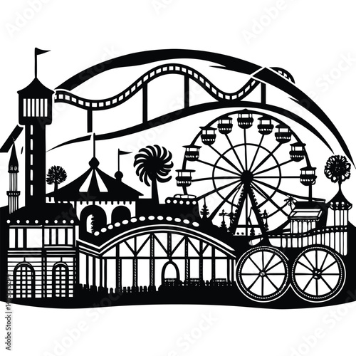 Black and White Amusement Park Silhouette: Ferris Wheel, Roller Coaster, and Carnival Rides Vector Graphic Illustration