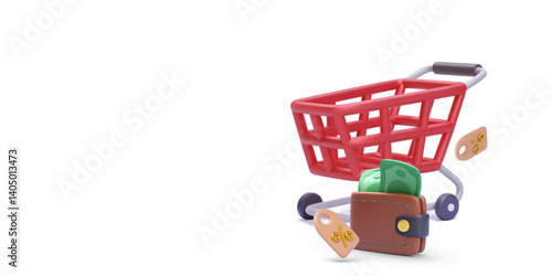 Shopping Cart With Wallet, Cash, And Discount Tags In 3D Cartoon Style. Concept Of Budgeting, Sale, Or Retail Purchase. Clean Minimal Background. Vector Illustration.