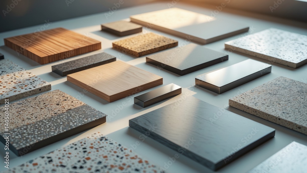 Chic interior moodboard showcasing terrazzo, quartz, stone tiles, laminated, and wooden flooring tiles, as well as stainless elements.