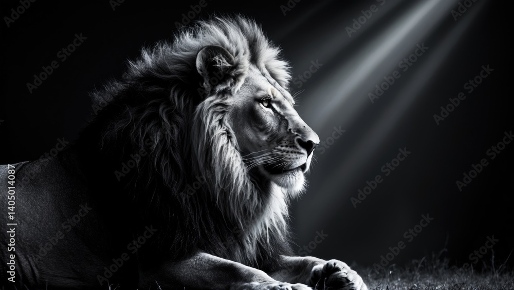 Monochrome profile image of a lion, set against a black backdrop with sunlight rays