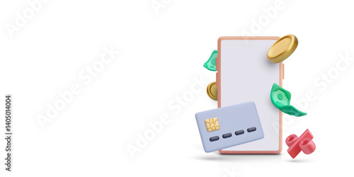 Mobile Payment With Credit Card, Gold Coins, Cash, And Percentage Symbol. Digital Wallet, Online Banking, Or E-Commerce Finance Concept In 3D Cartoon Style. Vector Illustration.