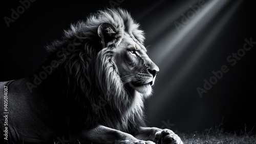 Obraz na płótnie Monochrome profile image of a lion, set against a black backdrop with sunlight rays w salonie