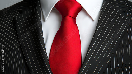 Close-up of red tie with pinstripe suit and white shirt
