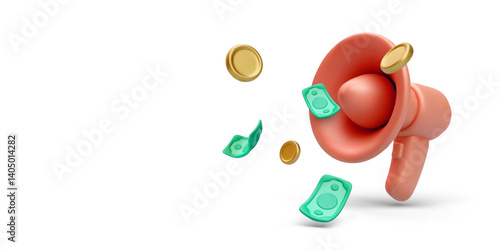 Marketing Announcement With Megaphone, Flying Coins And Cash. Concept Of Advertising Revenue Or Affiliate Promotion In 3D Cartoon Style. Vector Illustration.