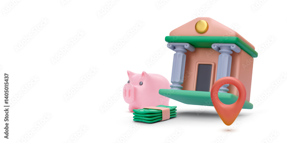 Fototapeta premium Bank Building With Piggy Bank, Money Stack, And Location Pin Symbolizing Financial Services, Savings, And Banking Apps. Clean 3D Design. Vector Illustration.