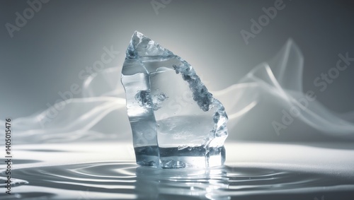 Clear natural rugged ice chunk on a shining white backdrop.