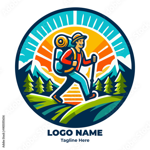 Wilderness Travel Backpacker Logo Featuring Hiking Adventure Symbol and Outdoor Trekking Design Ideal for Nature Lovers Nomads and Exploration Trips in Minimalist and Modern Style