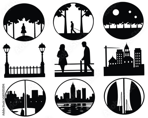 Black and White Silhouette Art: Park Scenes, Cityscapes, People, and Architecture in Circular Designs - Vector Graphics Collection