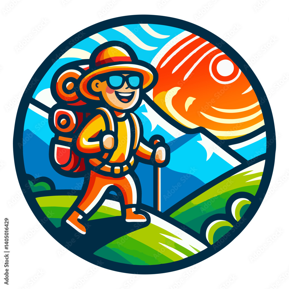 Fototapeta premium Nomadic Lifestyle Backpacker Logo Featuring Outdoor Travel and Hiking Adventure Symbol with Nature Exploration Icon Suitable for Trekking Trips Wilderness Tourism and Scenic Journeys
