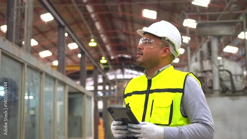 Professional asian man engineer and technician wearing safety helmet analyzing meeting with tablet in factory warehouse. Confident factory workers group inspection industry factory. Teamwork concept