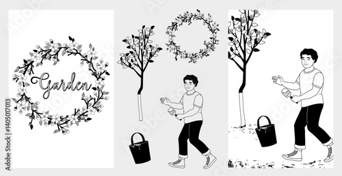 Boy with brush whitewashing apple tree. Flower wreath of blossoming apple  tree branches. Set Elements. Black and white vector illustration
