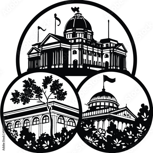 Black and White Vector Illustration of State Capitol Buildings in Circular Design | Government Architecture and Design