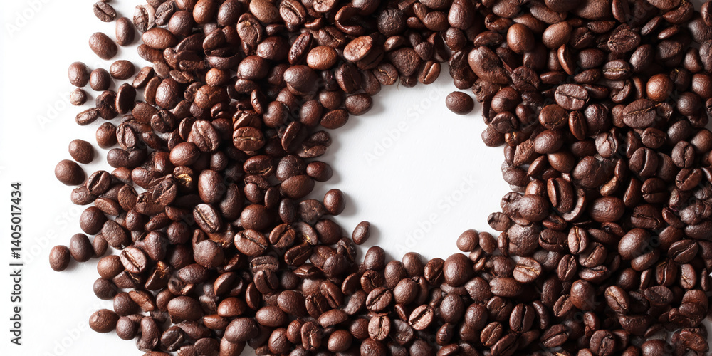 Brown coffee beans frame a central white space, ideal for text or logo placement, suggesting concepts of energy, aroma, and caffeine Brown coffee beans frame a central white space, ideal for text or logo placement, suggesting concepts of energy, aroma, and caffeine