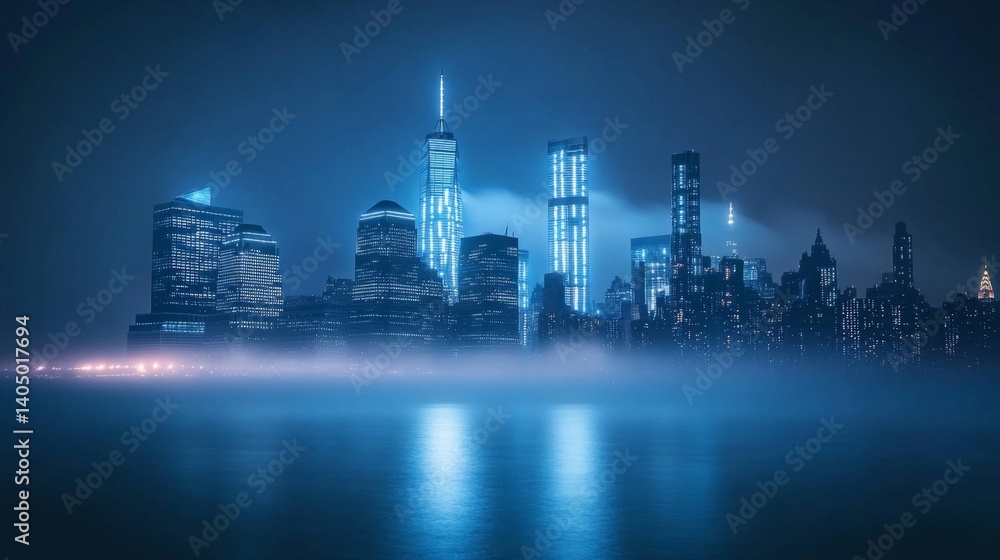 Obraz premium Night City Skyline With Fog And Blue Lights