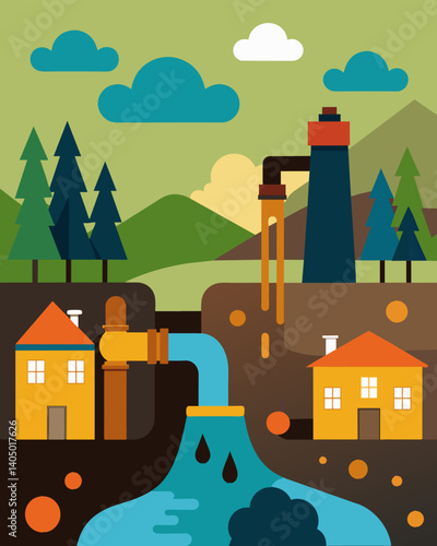 A village with muddy polluted water flowing from their taps the result of overproduction in nearby industries.. Vector illustration