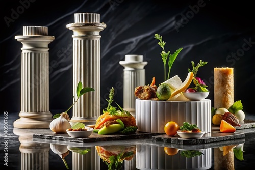 Elegant White Marble Pillars on Black Background - Luxurious Food Photography Still Life