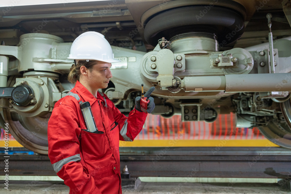 Technician Inspecting Train Suspension System Technician Inspecting Train Suspension System