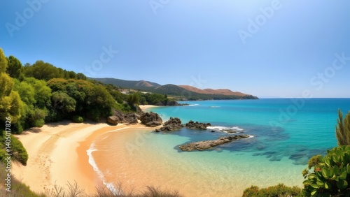 Fototapeta Naklejka Na Ścianę i Meble -  Secluded cove beach paradise turquoise water golden sand lush greenery sunny skies idyllic escape