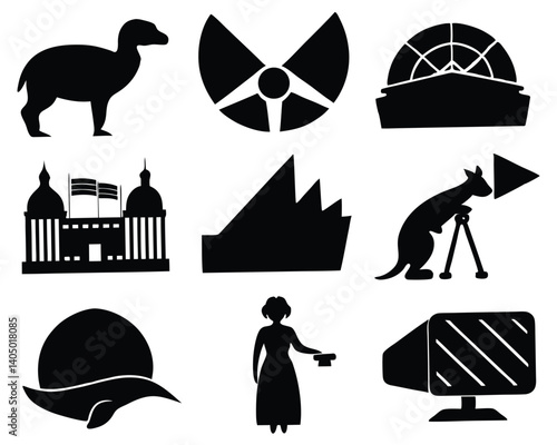 Black & White Silhouette Icons of Australian Symbols: Kangaroo, Opera House, Parliament House, Whale, Dingo, Dame Edna, TV, Windmill, Ship