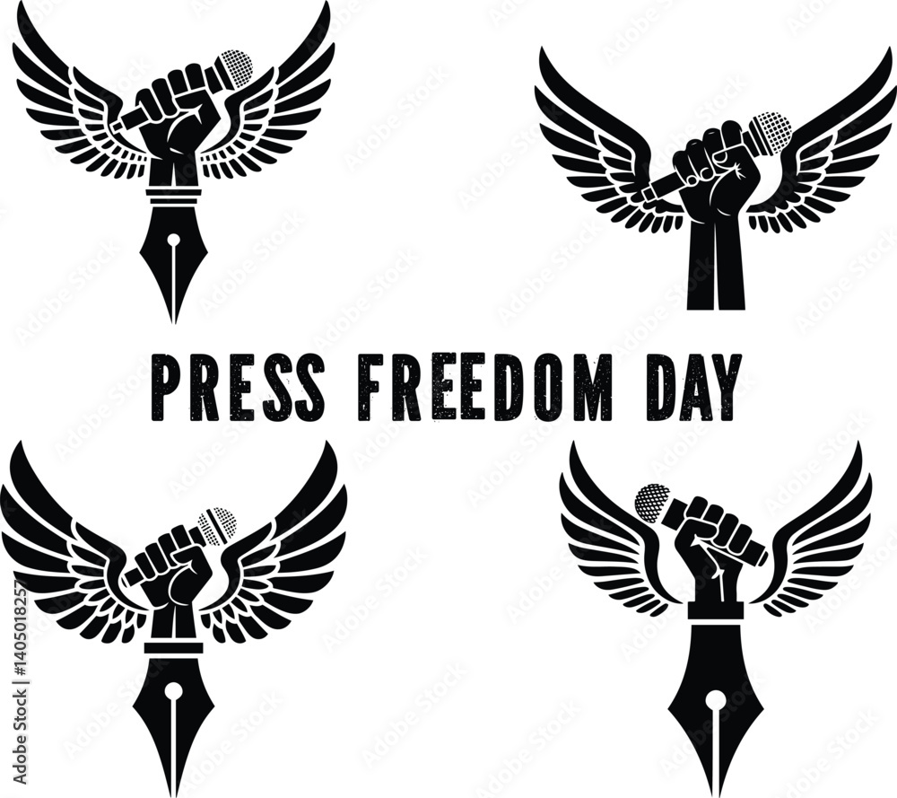 Fototapeta premium Press Freedom Day: Celebrating Journalism and Freedom of Speech with the hand-gripping microphone, pen, and wings symbol