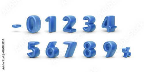 Blue 3D Numbers and Symbols in Glossy Cartoon Style. Full Set from Minus to Percent for Modern Design, Finance, Education, and UI Projects. Vector Illustration.