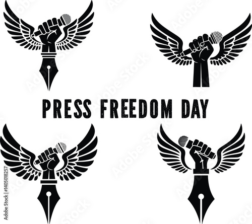 Press Freedom Day: Celebrating Journalism and Freedom of Speech with the hand-gripping microphone, pen, and wings symbol