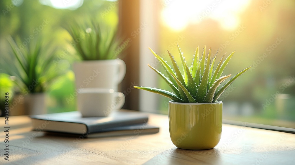 Aloe Vera Plant in a Green Pot on a Desk by Window Aloe Vera Plant in a Green Pot on a Desk by Window