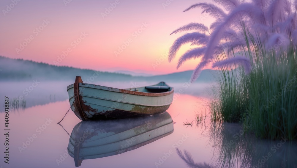Obraz premium Stunning sunset featuring a moored boat