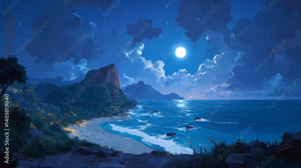 Naklejka premium Tropical Night Beach Scene Under a Full Moon