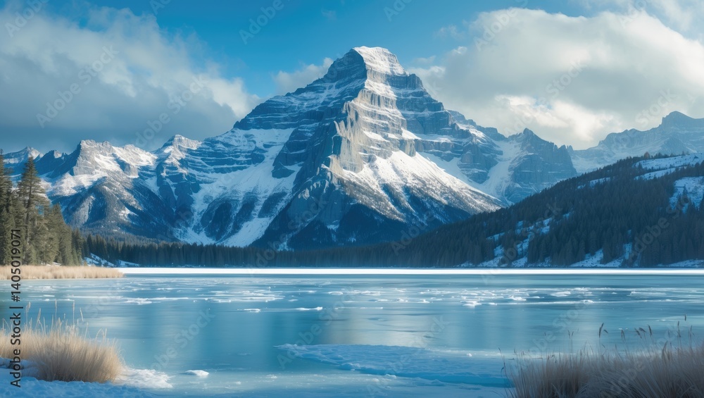 Fototapeta premium Gorgeous panorama of Frozen Lake alongside Mount Rundle and winter snow on a bright day at national park