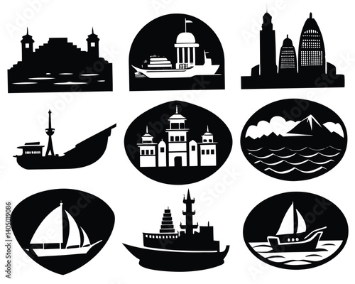 Black and White Silhouette Vector Set: Boats, Ships, Buildings, and Landscapes - Nautical and Architectural Design Elements