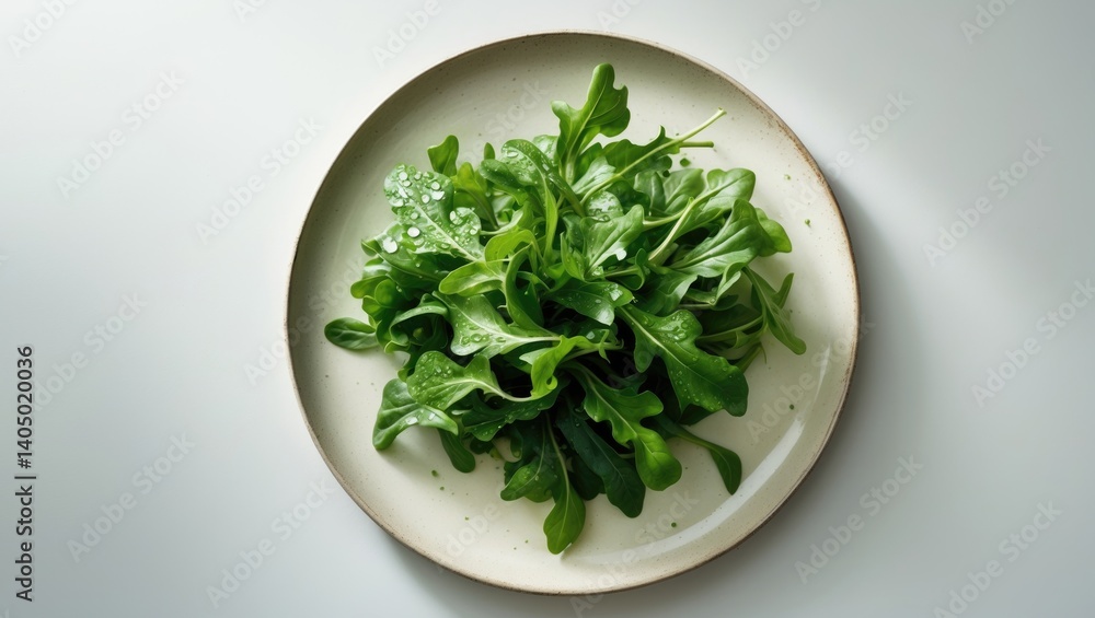 Newly picked Italian rocket leaves on a country-style plate. Light background. Aerial perspective Newly picked Italian rocket leaves on a country-style plate. Light background. Aerial perspective