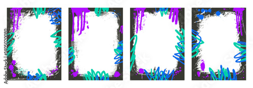Grunge paint spray frames set. Graffiti templates with airbrush scribble lines and specks. Ink and paint decor for photo. Retro texture posters overlay. Vector illustration.