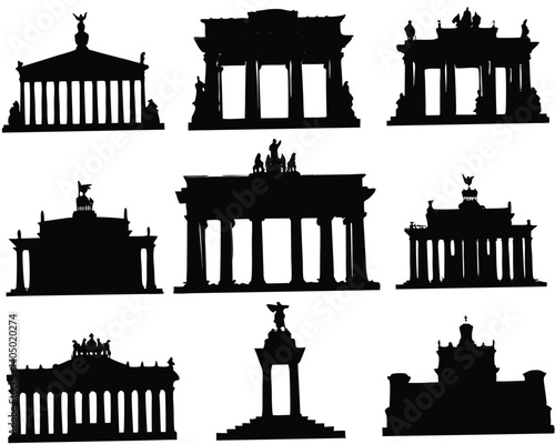 Silhouetted Architectural Landmarks: Vector Illustration of Iconic Buildings, Monuments, and Structures in Black and White Silhouette Style