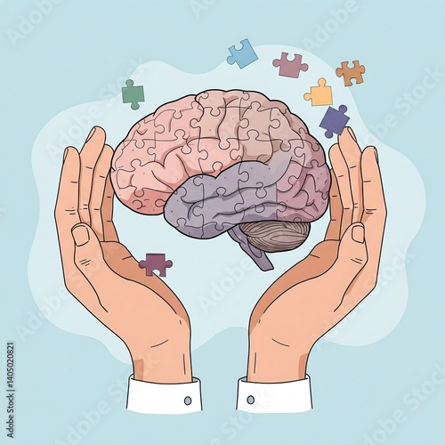 Hands holding brain puzzle therapy session metaphor – autism, dementia, epilepsy, alzheimer awareness, World Mental Health Day campaign image