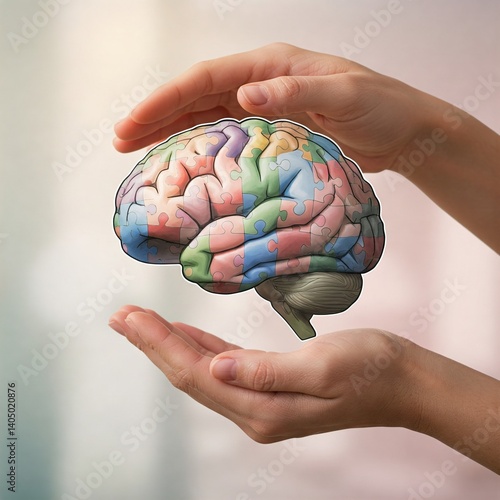 Hands holding brain with puzzle – autism, dementia, epilepsy, alzheimer awareness wallpaper background