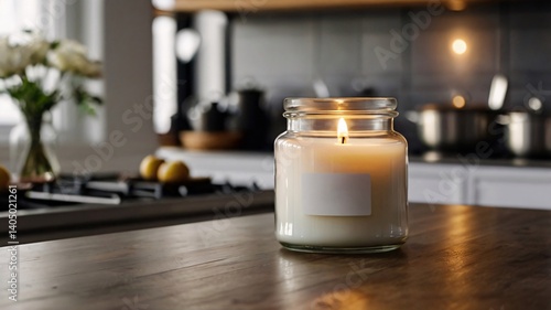 Copy space of a blank label on a glass scented candle jar on a Rustic wooden countertop under blurred kitchen background for mock up, 3D model & rendering