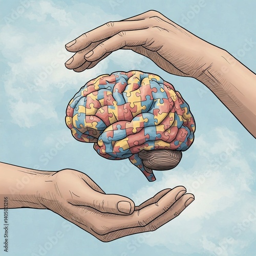 Hands holding brain with puzzle – autism, dementia, epilepsy, alzheimer awareness 3D mental care concept