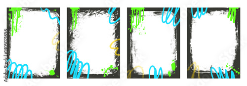 Aerosol grunge background frames set. Border graffiti templates with airbrush lines stroke and splashes. Ink and paint decoration design. Retro texture poster mockup overlay. Vector illustration.