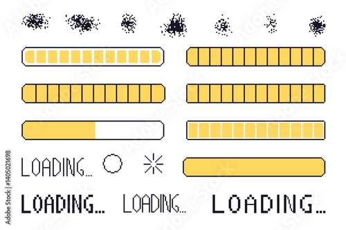 Pixel art loading bar interface. 8 bit game progress button elements set and text. Waiting signs in retro 80s style. Vector illustration isolated on white background.