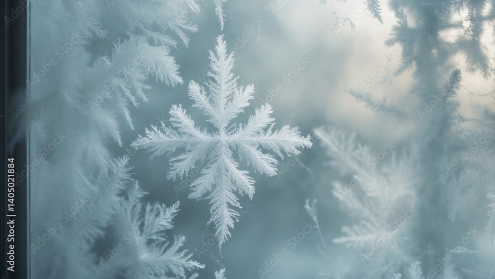 Icy motifs on windows. Celebratory scenery Icy motifs on windows. Celebratory scenery