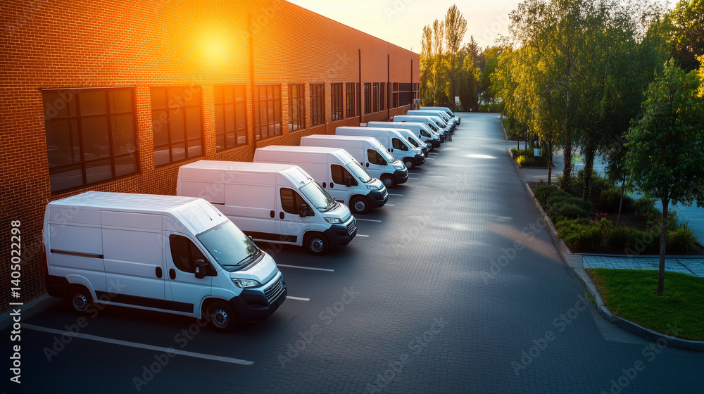 Wide-angle view of organized van fleet in front of brick commercial building. Cargo delivery vehicles staged for dispatch.