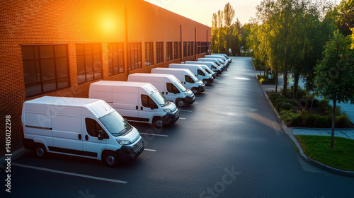 Obraz na płótnie Wide-angle view of organized van fleet in front of brick commercial building. Cargo delivery vehicles staged for dispatch. w salonie