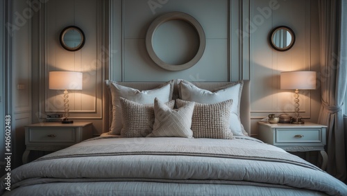 Front perspective of a snug double bed adorned with piled pillows and a duvet, set against a paneled wall with space for text