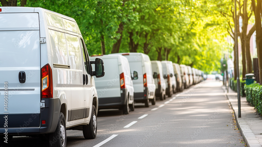 Obraz premium Row of similar white vans parked along tree-lined city avenue. Courier company fleet demonstrates clean branding potential.